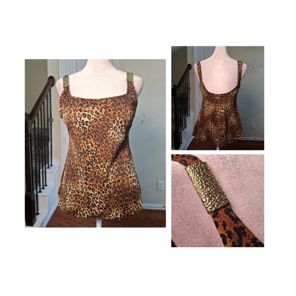 Miraclesuit Tankini Swimsuit Size 10 Leopard Print 70s Metal Wide Strap Vacation